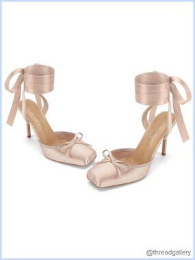 Satin Ballet Heels Square Toe Slingback Pumps Lace-Up Stiletto 3.9 Inch